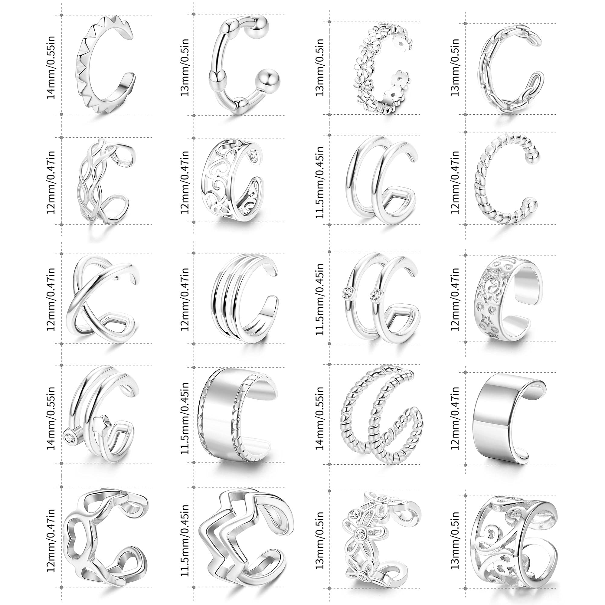 LOYALLOOK 20PCS Ear Cuff Earrings Set Adjustable for Women Stainless Steel Non-Piercing Cartilage Clip On Wrap Earring Fake Helix Cartilage Cuffs Fake Lip Nose Ring Silver Tone