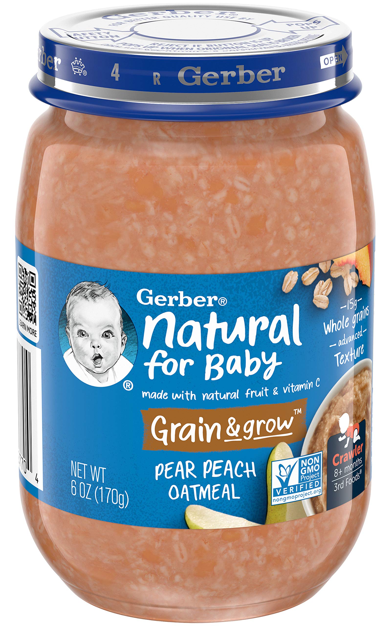 Gerber 3rd Foods Natural for Baby Grain & Grow Baby Food Jar, Pear Peach Oatmeal, Made with Natural Fruit & Vitamin C with Advanced Texture, 6 OZ Glass Jar (Pack of 12)