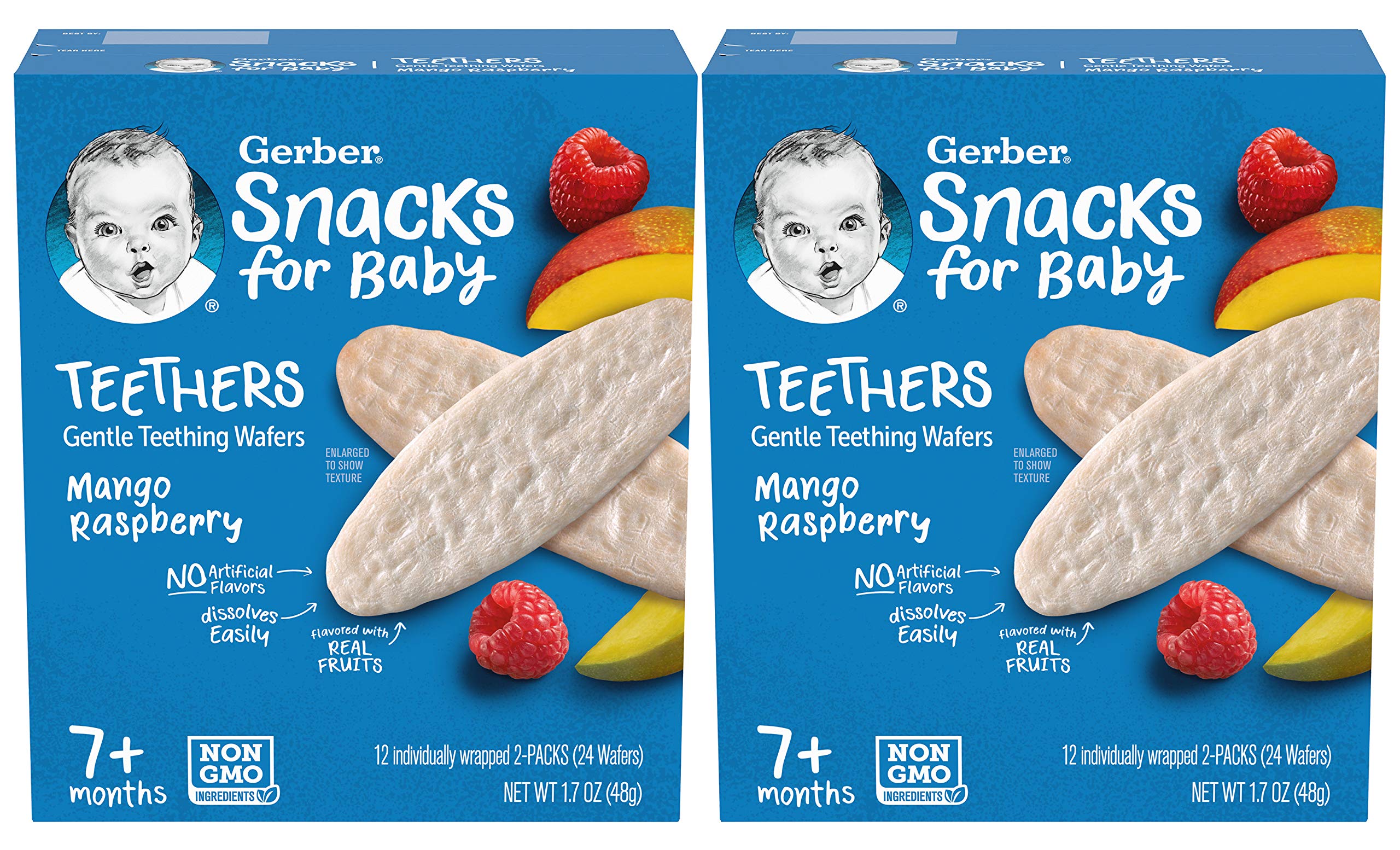 Gerber Snack for Baby Teethers, Mango Raspberry, Gentle Teething Wafers Flavored with Real Fruits, 12 Individually Wrapped 2-Packs (24 Wafers/Box) (Pack of 2 Boxes)