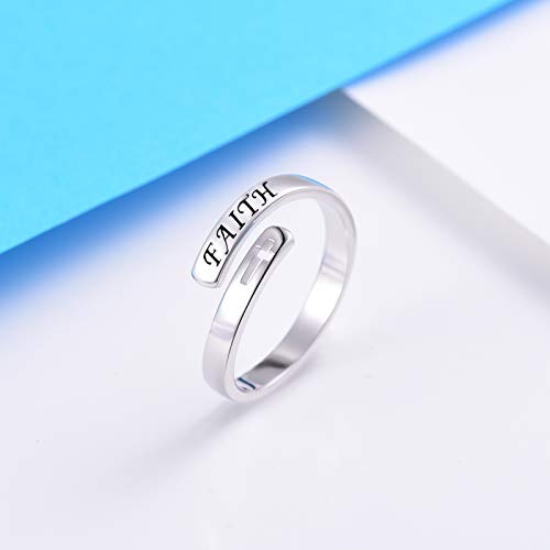 Fookduoduo 925 Sterling Silver Ring Inspirational Jewelry adjustable Wrap Open Rings for Women (faith ring)