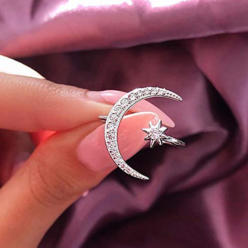 FUTIMELY Moon Crescent Star Ring for Women Adjustable Moon Sun CZ Statement Ring Dainty Crystal Crescent Finger Ring (Silver)