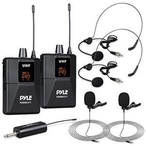 pyle dual uhf microphone system - portable professional cordless microphone set wireless mic kit w/headset / lavalier mic, beltpack transmitter, receiver - karaoke & conference - pyle pdwmu211,black