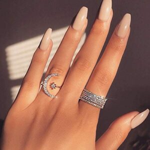 FUTIMELY Moon Crescent Star Ring for Women Adjustable Moon Sun CZ Statement Ring Dainty Crystal Crescent Finger Ring (Silver)