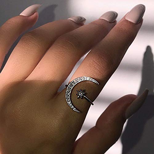 FUTIMELY Moon Crescent Star Ring for Women Adjustable Moon Sun CZ Statement Ring Dainty Crystal Crescent Finger Ring (Silver)