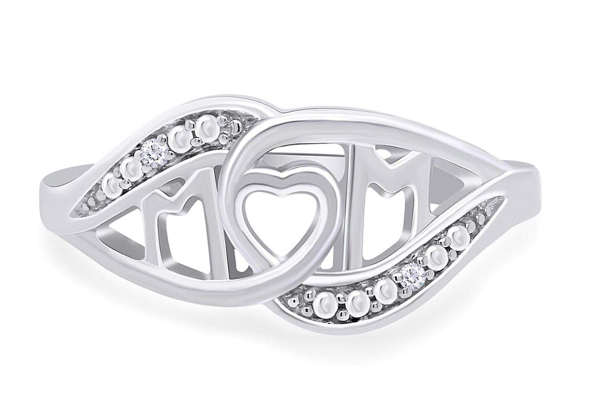 Round Cut White Natural Diamond Accent "MOM" Ring In 14k White Gold Over Sterling Silver Jewelry For Her Women (I-J Color, I2-I3 Clarity, 0.01 Cttw) Ring Size-6