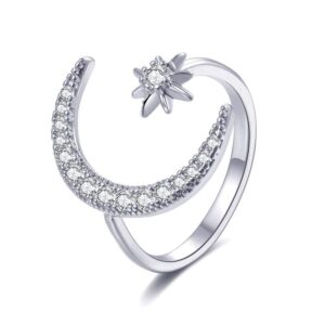 futimely moon crescent star ring for women adjustable moon sun cz statement ring dainty crystal crescent finger ring (silver)