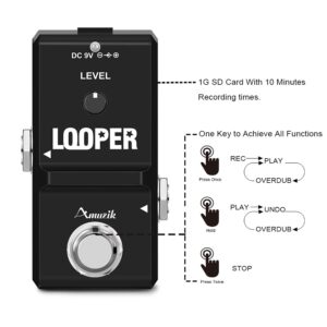 Amuzik Tiny Looper Effect Pedal Loop Pedal for Electric Guitar, Guitar Effects Pedal, 10 Minutes of Looping Unlimited Overdubs 1G SD Card Inside Easy and Quick, Black