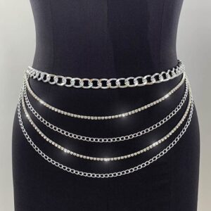 Bodiy Silver Crystal Waist Chain Jewelry Belt Sparkly Rhinestone Belly Chains Rave Body Jewelry for Women