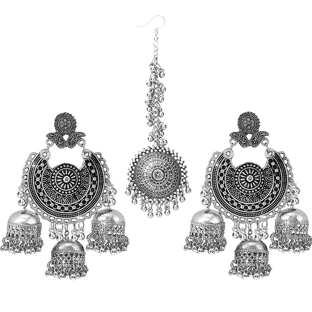 JD'Z COLLECTION Traditional Fashion Jewelry Earrings Wedding Wear Jhumka, Indian Bollywood Stylish Oxidized Mangtika Jhumki Tribal Earring Set For Women earring sets for women, Jewelry Gift For Womens (Design-1)