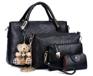 gjgjter women synthetic pu leather tote handbag wallet 4pcs set clutch purse satchels with bear pendant-black