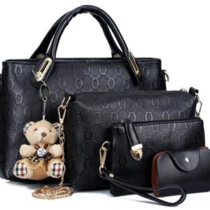 GJGJTER Women Synthetic PU Leather Tote Handbag Wallet 4pcs Set Clutch Purse Satchels with Bear Pendant-Black