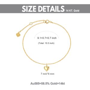 SISGEM Real 14k Gold Puff Heart Anklet for Women, Solid 14 Karat Gold Love Ankle Bracelets Foot Jewelry Gifts for Her, 9+1+1 Inch