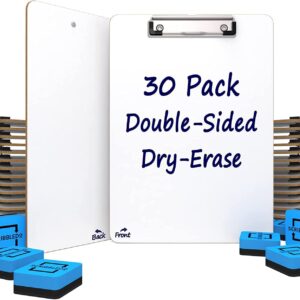 SCRIBBLEDO 30 Pack Double Sided Dry Erase Clipboards 9"x12" Durable Clipboards Bulk with 30 Dry Erase Erasers, Dry Erase Clipboard with Low Profile Clip for School, Classroom and Home Use