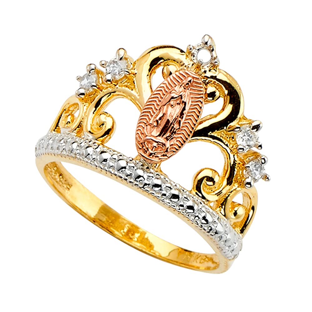 Savlano 18K Gold Plated Yellow & Rose Color Lady of Guadalupe Virgin Mary with Round Cut Cubic Zirconia Women Religious Crown Ring (8)