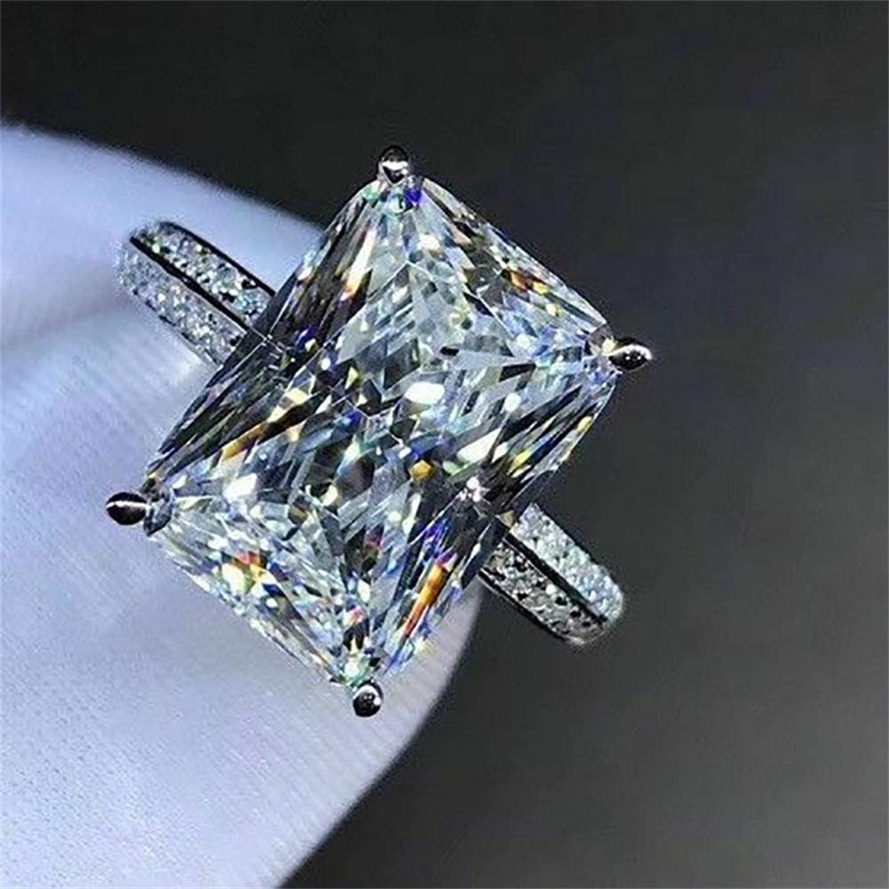 FZO Fashion zircon ring 925 sterling silver CZ ring princess cut square simulated 3 carat diamond ring shiny full diamond two row dazzling engagement wedding ring promise ring for women (8)