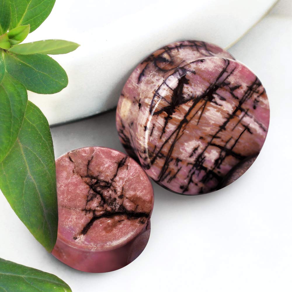 COCOBUL Pair of Natural Rhodonite Stone Saddle Plug 7/8" [E01-020]