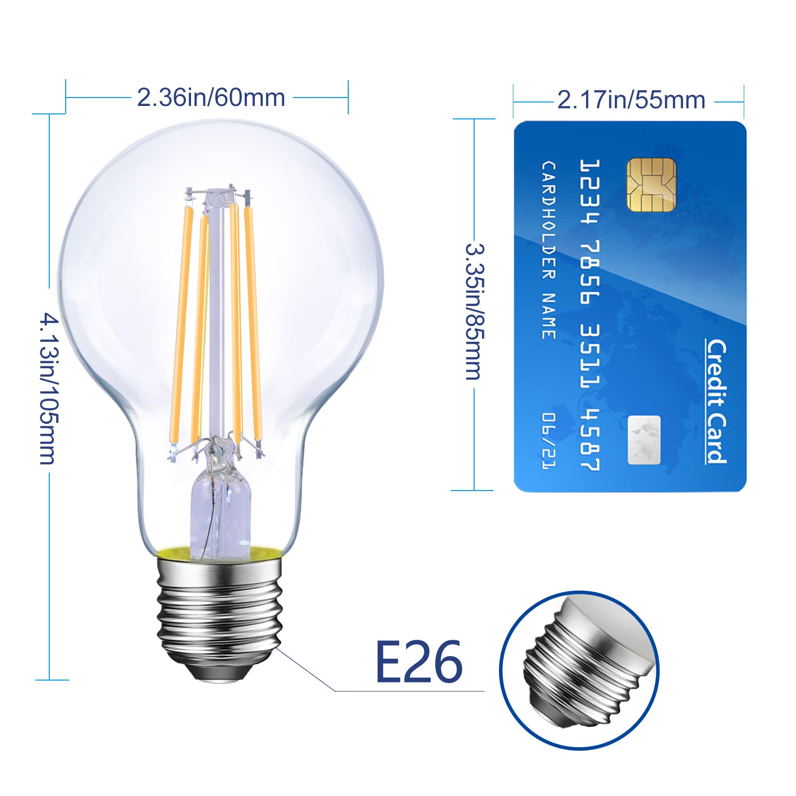 Energetic Dimmable LED Filament Light Bulbs, 8W, 60 Watt Equivalent, Warm White 3000K, Classic Clear Glass, A19 LED Light Bulb, 6 Pack