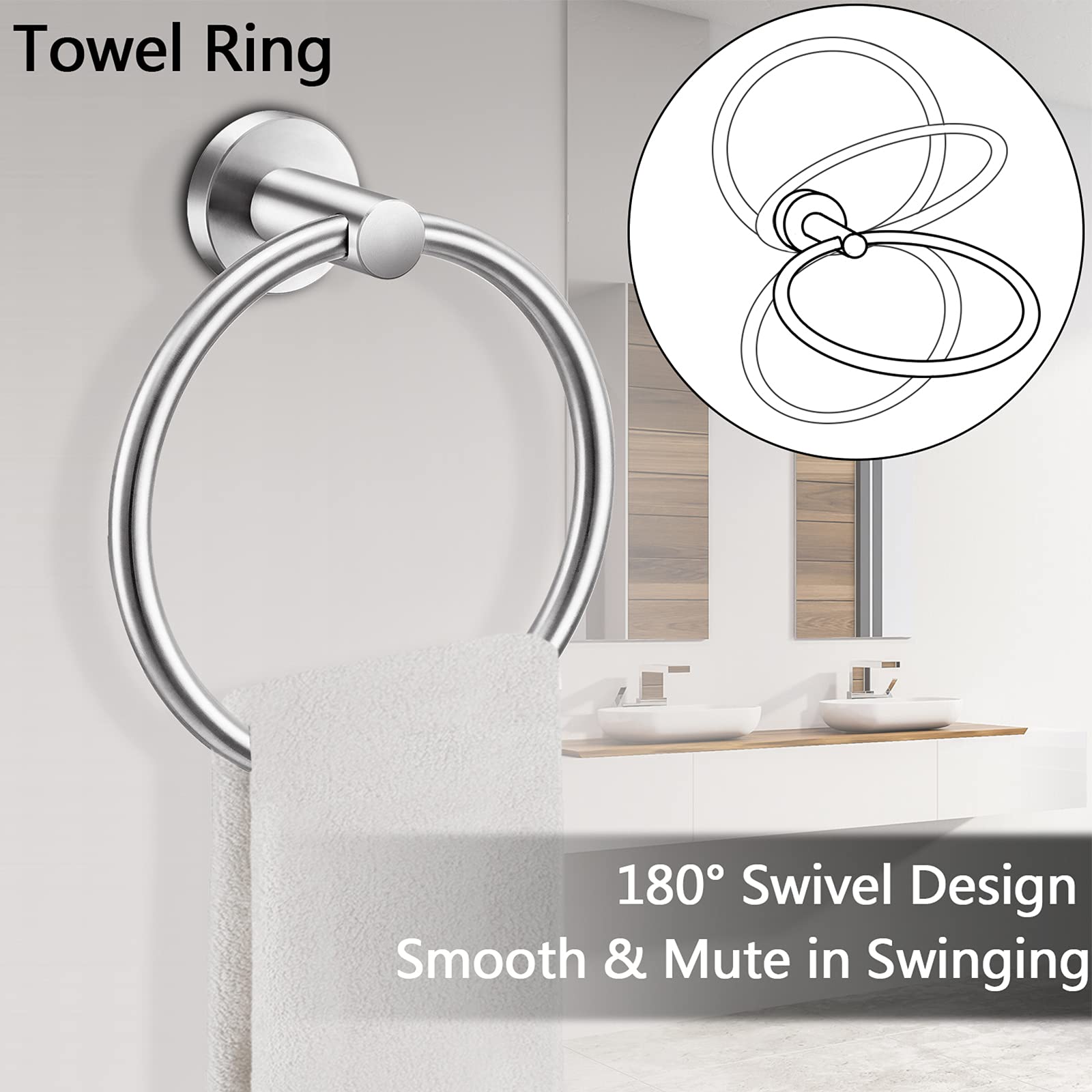 Pynsseu Brushed Nickel Toilet Paper Holder and Hand Towel Ring, 2 Pieces Bathroom Accessories SUS 304 Stainless Steel Wall Mount Hardware Set