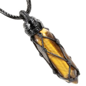 TUMBEELLUWA Hexagonal Tiger’s Eye Crystal Points Pendant Necklace for Unisex Wrapped Stone Wand Pendant with Adjustable Cord