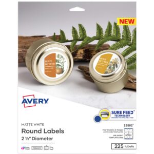 avery printable blank round labels, 2.5" diameter, matte white, 225 customizable labels (22562)