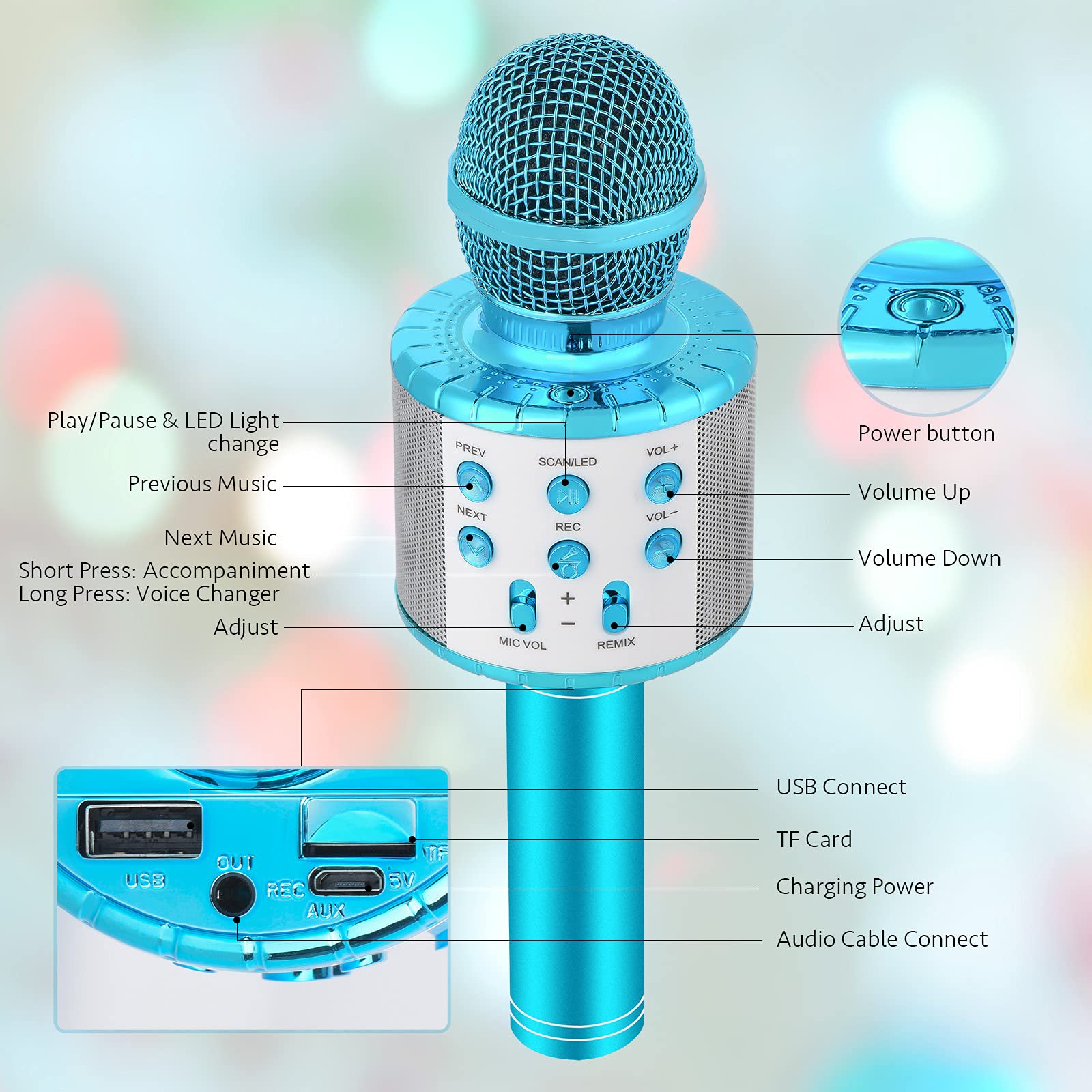 Voice Changing Karaoke Microphone for Kids Singing,5 in 1 Wireless Bluetooth Microphone with LED Lights Karaoke Machine Portable Mic Speaker Player Recorder for Home Party Birthday Gift