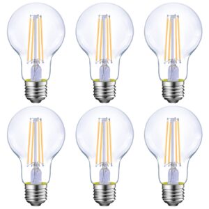 Energetic Dimmable LED Filament Light Bulbs, 8W, 60 Watt Equivalent, Warm White 3000K, Classic Clear Glass, A19 LED Light Bulb, 6 Pack