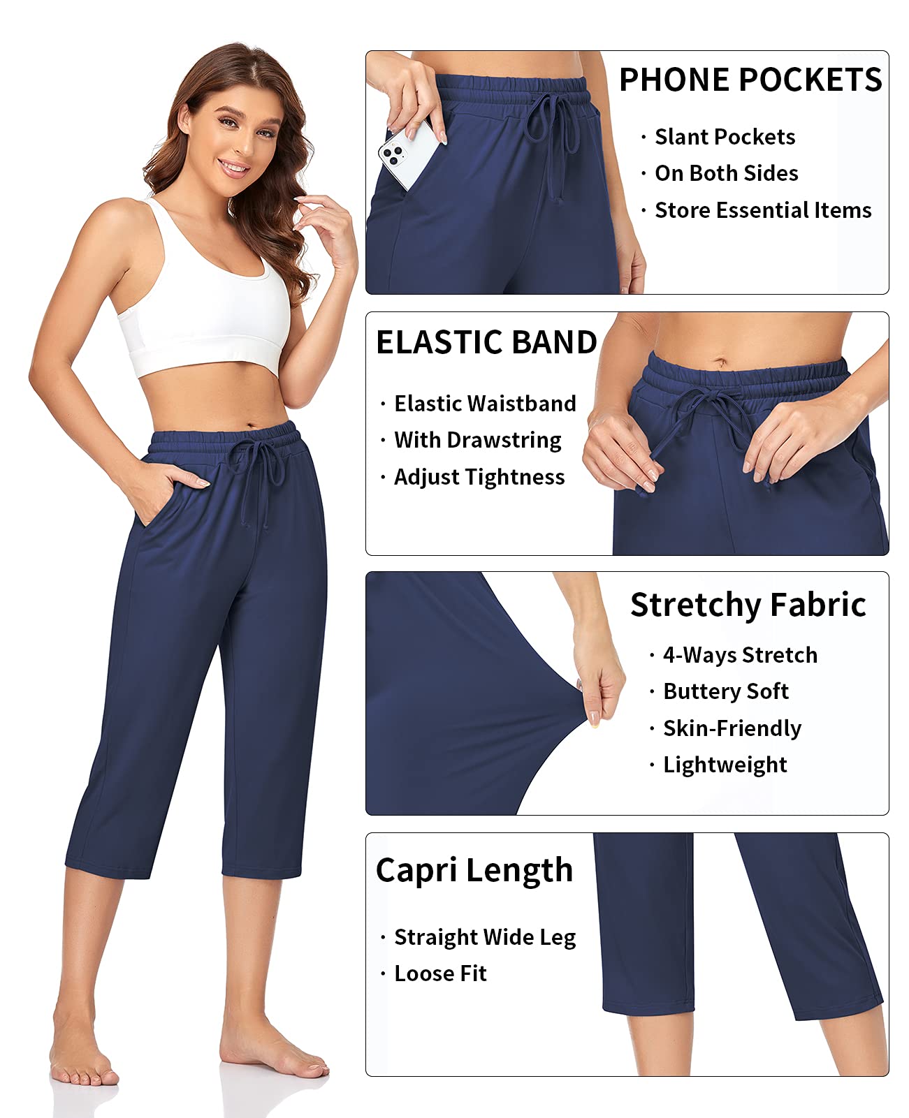 TARSE Womens Capris Yoga Workout Sweatpants Pockets Loose Drawstring Capri Pants Lounge Pajama Cropped Pants (NavyBlue,L)