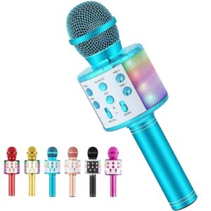 voice changing karaoke microphone for kids singing,5 in 1 wireless bluetooth microphone with led lights karaoke machine portable mic speaker player recorder for home party birthday gift