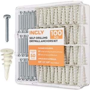 incly 100 pcs #8 drywall anchors kit self drilling, 50 plastic dry wall anchors and 50 philips screws assortment for hanging and mounting with case, self drilling sheetrock anchors