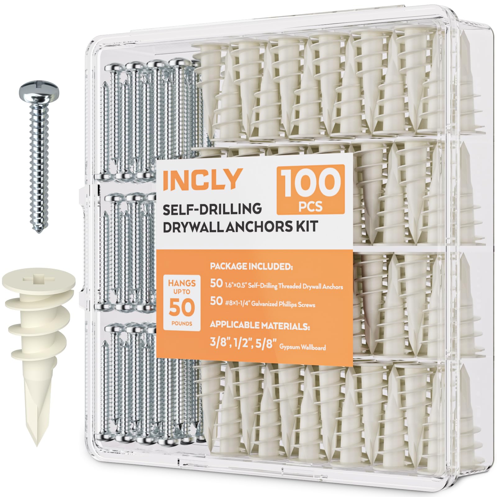 INCLY 100 PCS #8 Drywall Anchors Kit Self Drilling, 50 Plastic Dry Wall Anchors and 50 Philips Screws Assortment for Hanging and Mounting with Case, Self Drilling Sheetrock Anchors