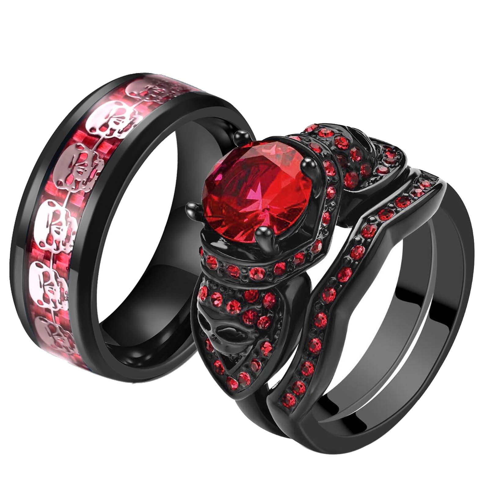 Ringcrown Couple Rings Black Plated Round Red Cz Womens Wedding Ring Sets Skull Ring Titanium Steel Man Wedding Bands（Please Buy 2 Rings for 1 Pair）