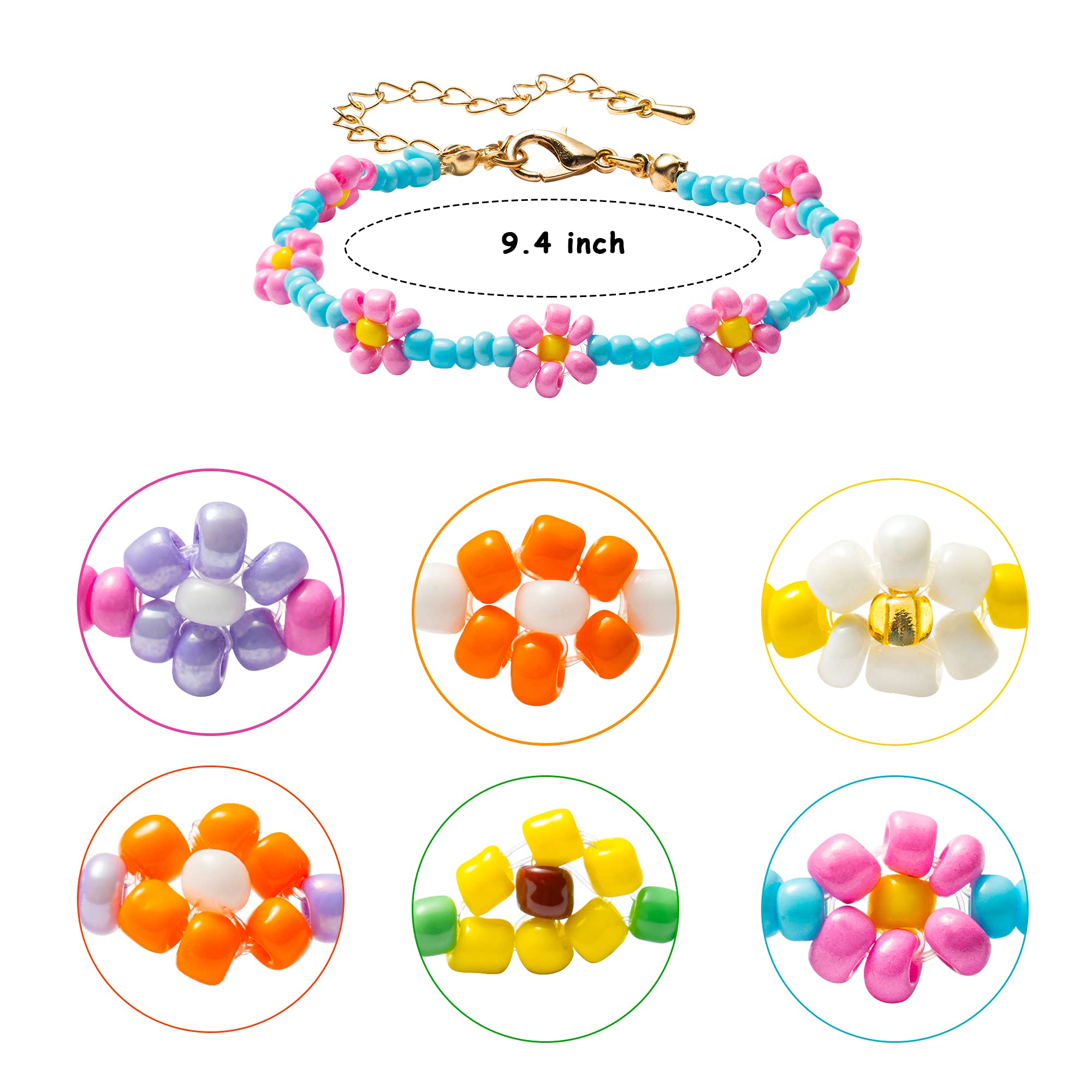 PANTIDE 6Pcs Colorful Daisy Flower Bead Bracelets Set Indie Handmade Beaded Flower Bracelets Vsco Boho Beach Summer Braided String Y2K Aesthetic Kidcore Jewelry with Flowers for Women Girls