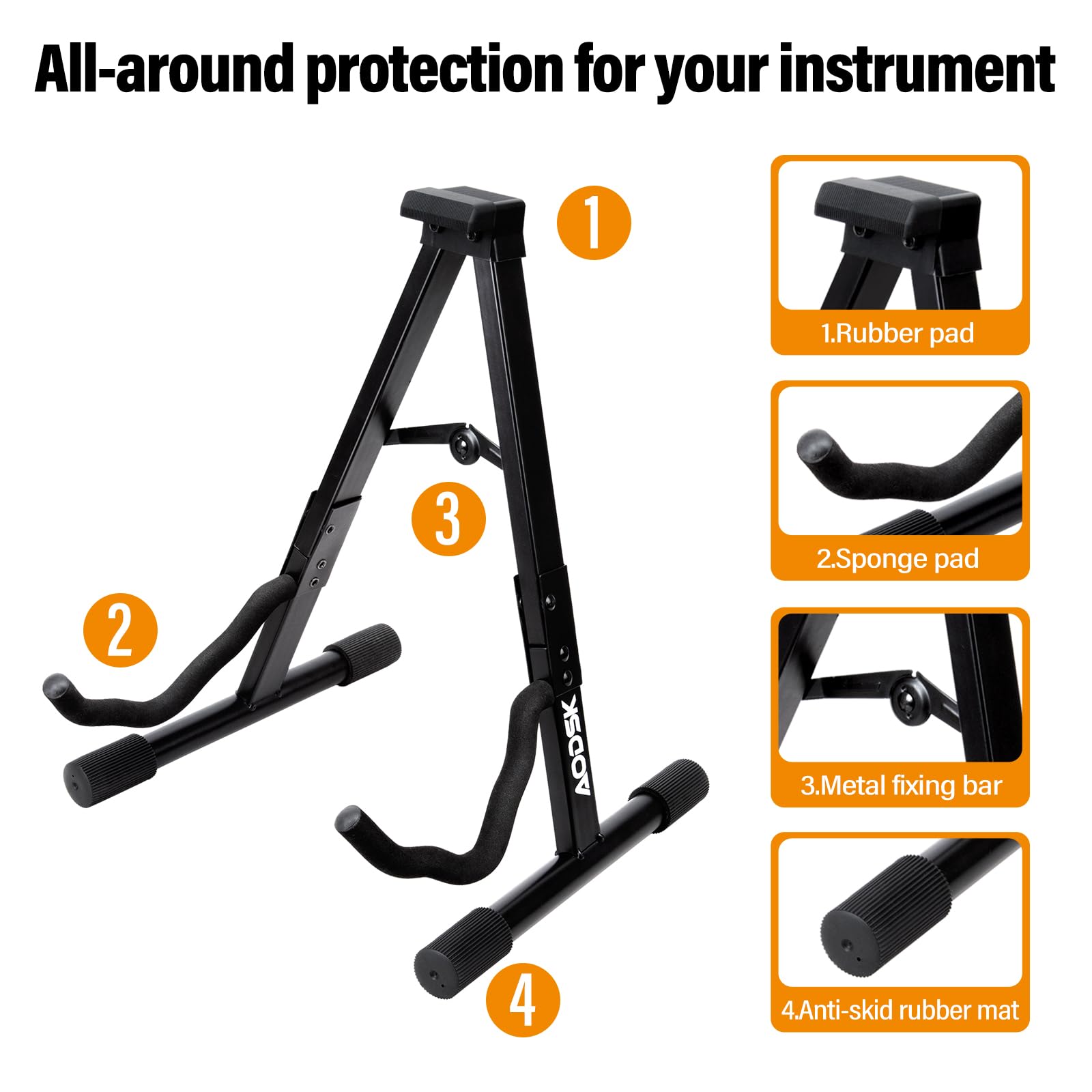 AODSK Guitar Stand Folding with adjustable A-Frame for Acoustic Classical and Electric Guitars Bass Ukulele Portable (Single Stand-Black)