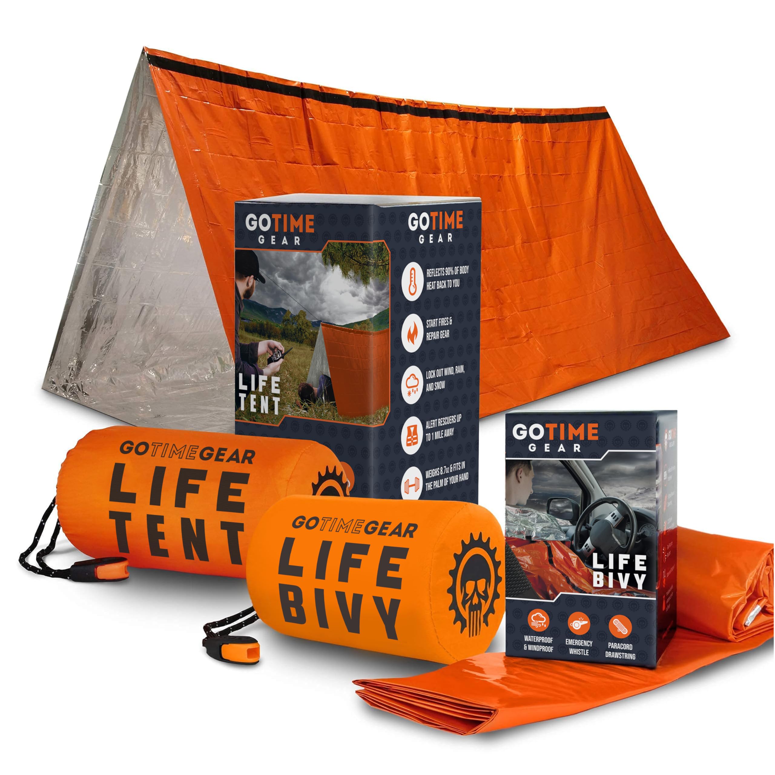 Go Time Gear - Life Bivy Thermal Bivvy and Life Survival Shelter - Emergency Sleeping Bags and Survival Tent - Emergency Bag Bundle (Orange)