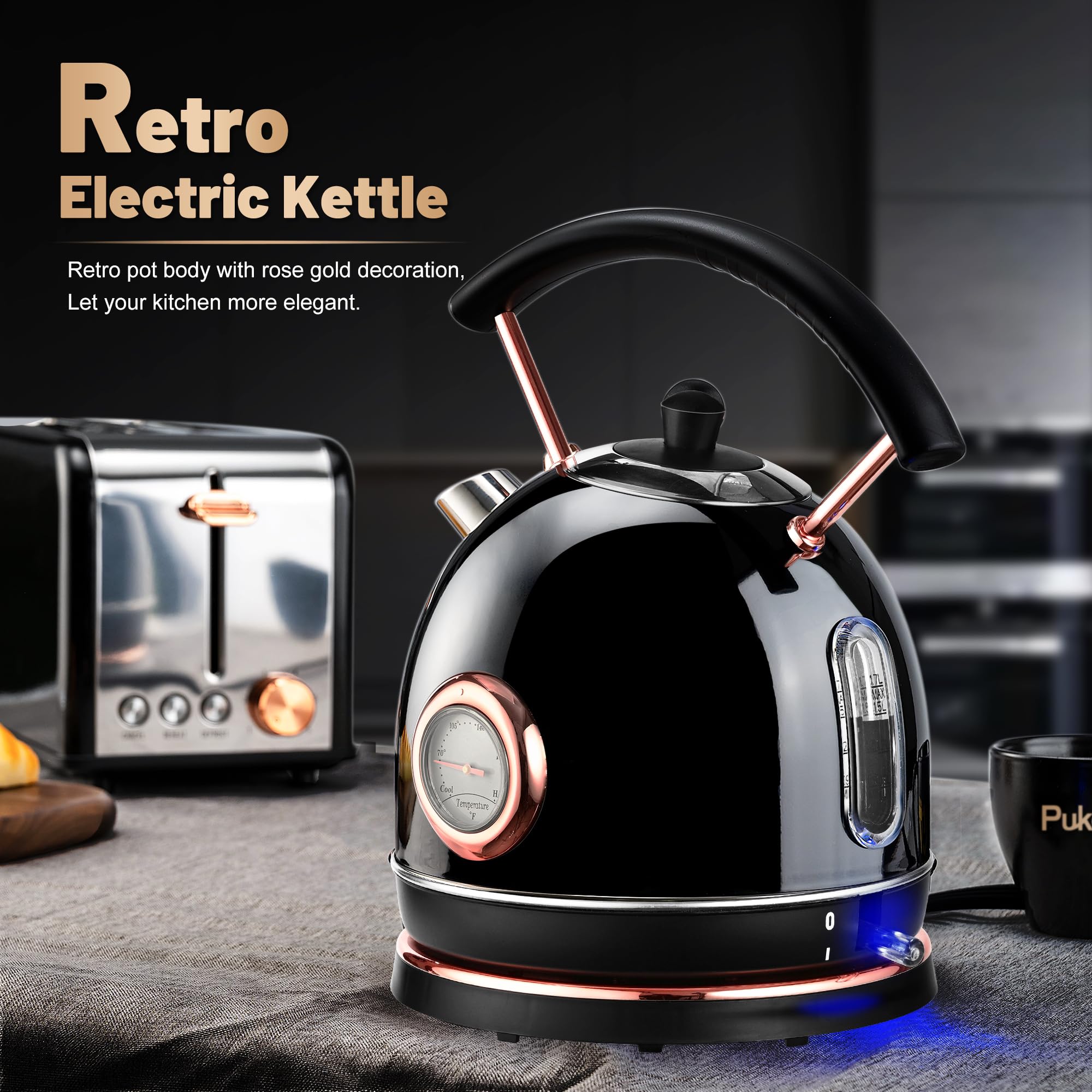 Pukomc Retro Electric Kettle 1.7L, Stainless Steel Portable Fast Boiling, Cordless with LED Light, Unique Appearance with Temperature Gauge, Auto Shut-Off&Boil-Dry Protection (Black)