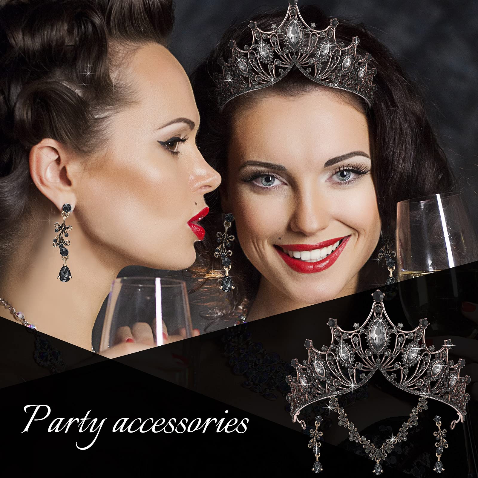 Hicarer 3 Pieces Baroque Queen Crown Set, Tiara Earrings Necklace Crystal Headband Tiaras and Crowns for Women Bridal Wedding Jewelry Halloween Prom Birthday Party Hair Costume Accessories (Black)