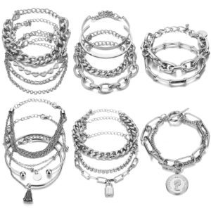 17IF 18 Pcs (6 Pack) Silver Bracelets Set for Women Boho Aesthetic Layered Stackable 14K Bangle Adjustable Cuff Grunge Italian Cuban Charm Chunky Simple Layering Bracelet Jewelry