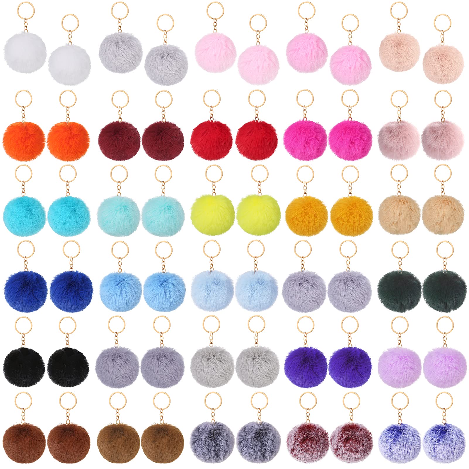 Auihiay 60 Pieces Pompoms Keychains Fluffy Puff Ball Keyrings for Girls Women Pendant Accessories (30 Colors)