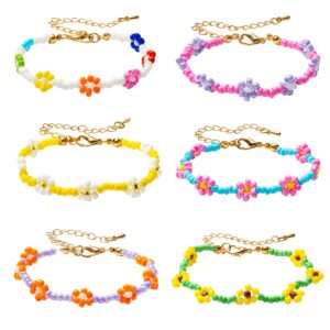 PANTIDE 6Pcs Colorful Daisy Flower Bead Bracelets Set Indie Handmade Beaded Flower Bracelets Vsco Boho Beach Summer Braided String Y2K Aesthetic Kidcore Jewelry with Flowers for Women Girls