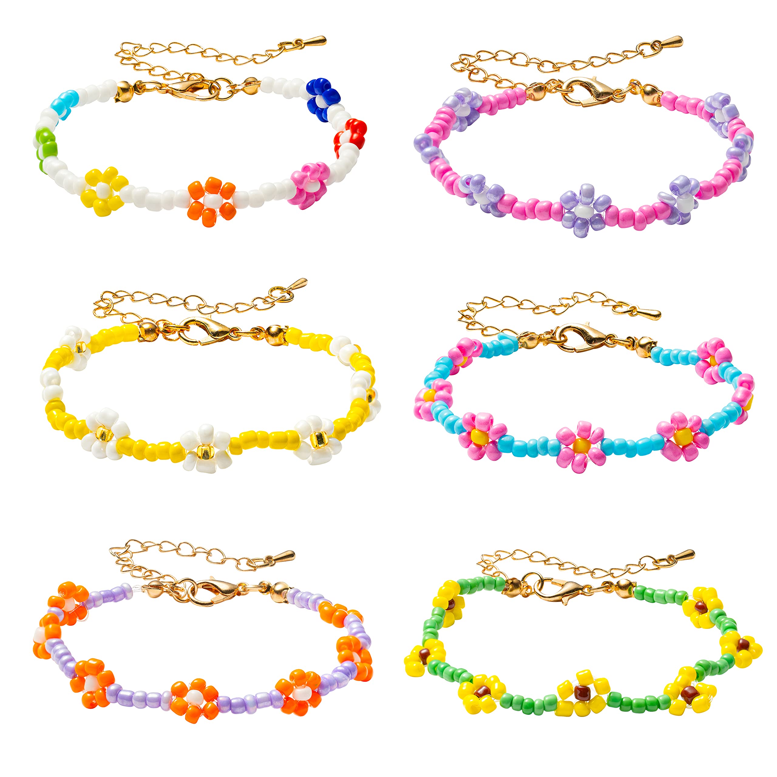 PANTIDE 6Pcs Colorful Daisy Flower Bead Bracelets Set Indie Handmade Beaded Flower Bracelets Vsco Boho Beach Summer Braided String Y2K Aesthetic Kidcore Jewelry with Flowers for Women Girls