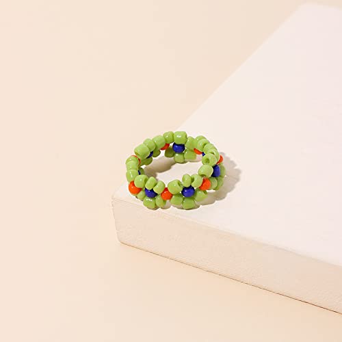 6pcs Colorful Beaded Daisy Flower Stretch Rings Set Handmade Seed Beads Multicolor Adjustable Elastic Multiple for Women Summer Beach Bohemian Holiday Jewelry