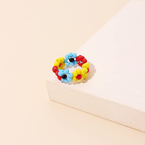 6pcs Colorful Beaded Daisy Flower Stretch Rings Set Handmade Seed Beads Multicolor Adjustable Elastic Multiple for Women Summer Beach Bohemian Holiday Jewelry