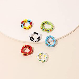 6pcs Colorful Beaded Daisy Flower Stretch Rings Set Handmade Seed Beads Multicolor Adjustable Elastic Multiple for Women Summer Beach Bohemian Holiday Jewelry