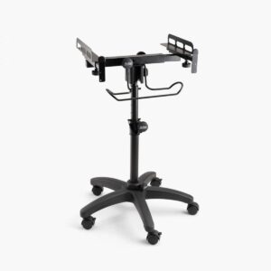 On-Stage MIX-400 V2 Mobile Mixer Stand: Rolling platform for mixers, laptops, controllers. Height adjustable (28"-38"), rackmount compatible, headphone hanger. Portable, black finish.