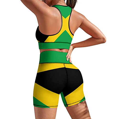 AuHomea Women Yoga Set Jamaica Flag Workout Sport Bra with High Waist Shorts Legging Outfit Tracksuit for Girls 2Pcs Size L