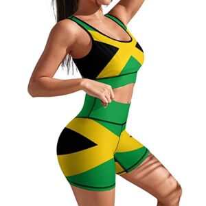 AuHomea Women Yoga Set Jamaica Flag Workout Sport Bra with High Waist Shorts Legging Outfit Tracksuit for Girls 2Pcs Size L