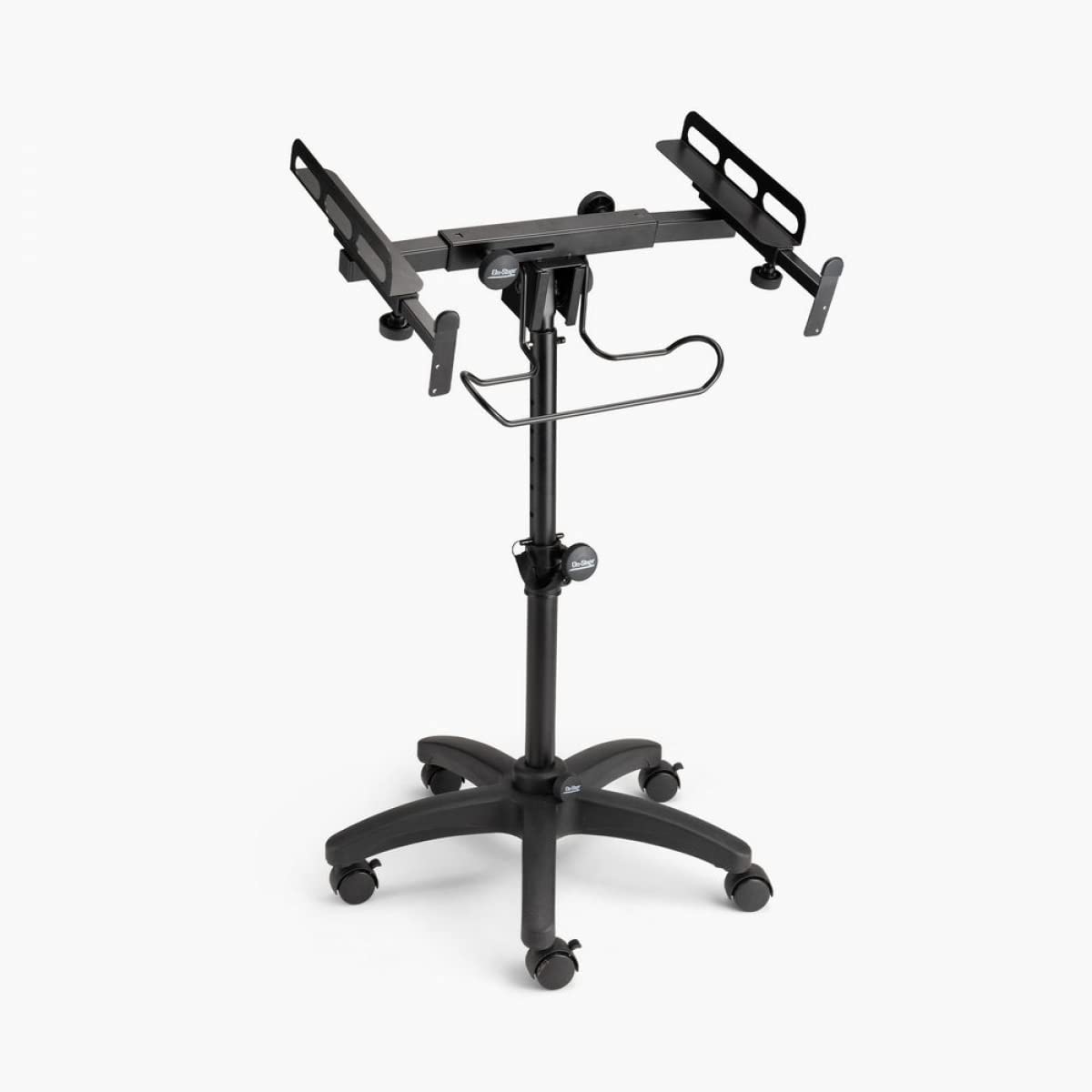 On-Stage MIX-400 V2 Mobile Mixer Stand: Rolling platform for mixers, laptops, controllers. Height adjustable (28"-38"), rackmount compatible, headphone hanger. Portable, black finish.