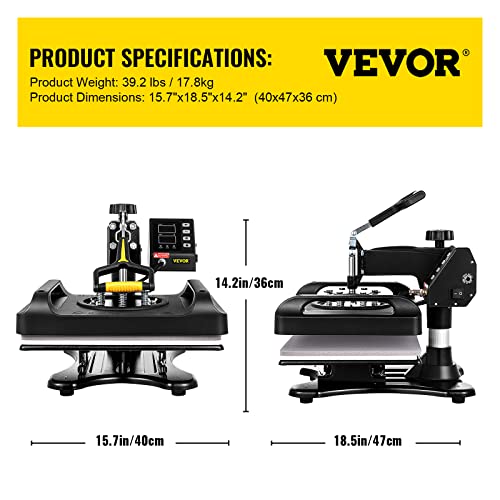 VEVOR Pro Heat Press Machine, 12 x 15 Inches, Fast Heating, 5 in 1 Combo 360 Swing Away Digital Sublimation T-Shirt Vinyl Transfer Printer with Anti-Scald Surface, Hat, Mug, Plate, ETL Listed, Black