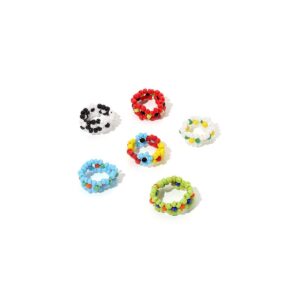 6pcs Colorful Beaded Daisy Flower Stretch Rings Set Handmade Seed Beads Multicolor Adjustable Elastic Multiple for Women Summer Beach Bohemian Holiday Jewelry