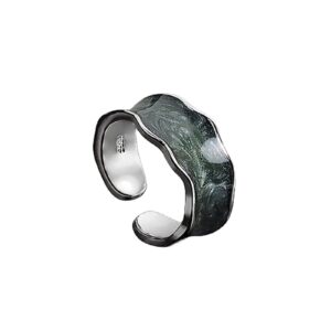 Colorful Adjustable Oil Drip Enamel Wave Wide Irregular Chunky Opening Stackable Punk Cool Elegant Friendship Finger Ring Set Jewelry for Women-Silver Green